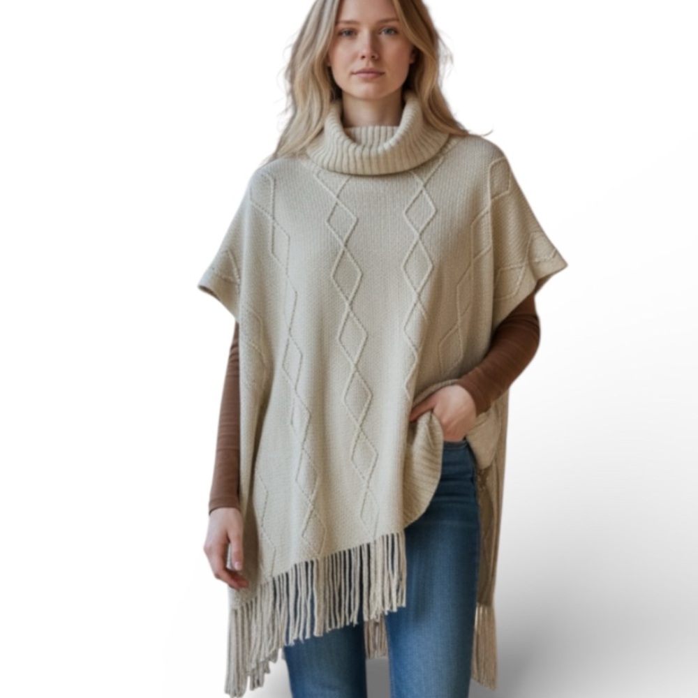 Time Tru Turtle Neck Acrylic Cable Knit Poncho Fringe Bottom in Beige One Size